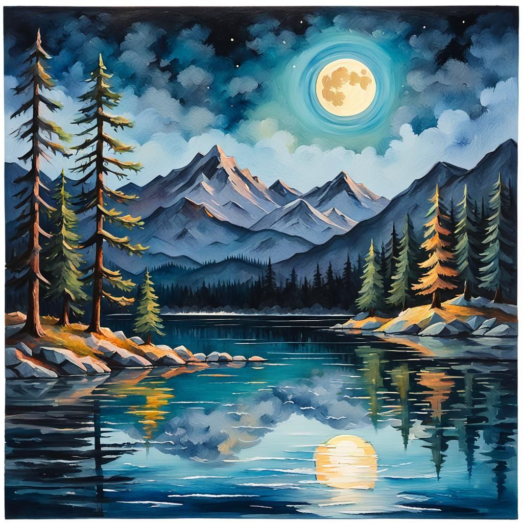 Impressionist Moonlit Landscape with Lake and Mountains