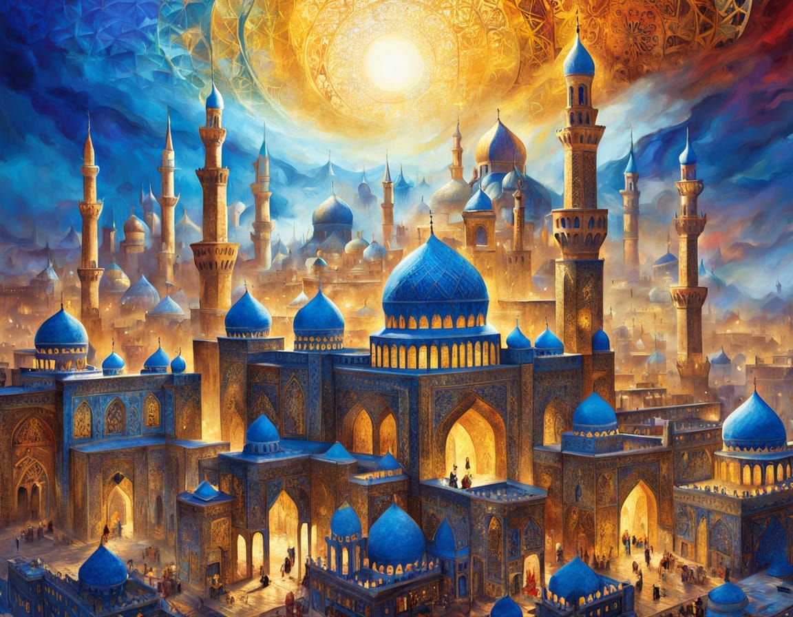Futuristic Arabian Kingdom: Vibrant Oil Painting