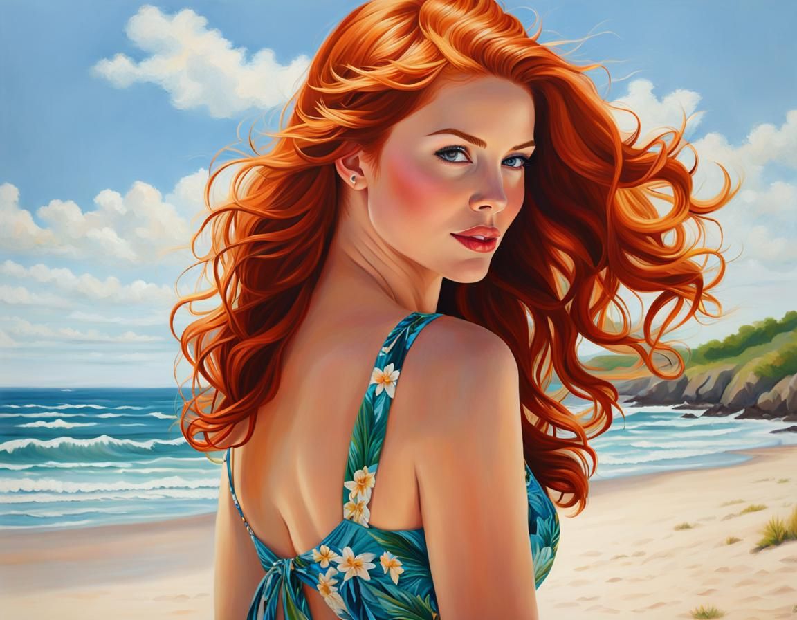 Redhead Model on Beach in Photorealistic Oil Painting