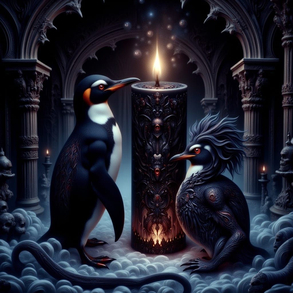 Penguin in Victorian Setting with Ornate Candle