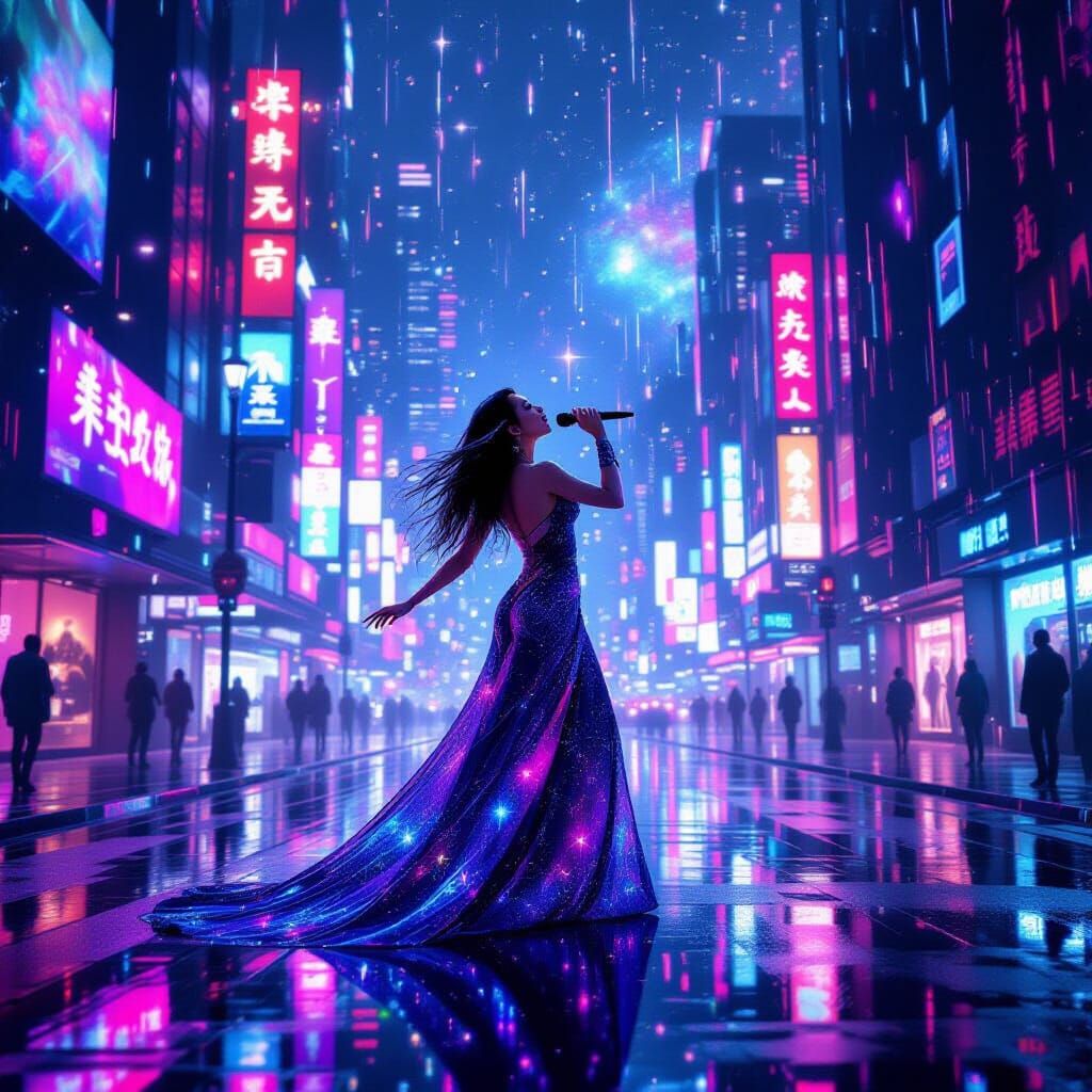 Celestial Singer Performs in Futuristic Neon City