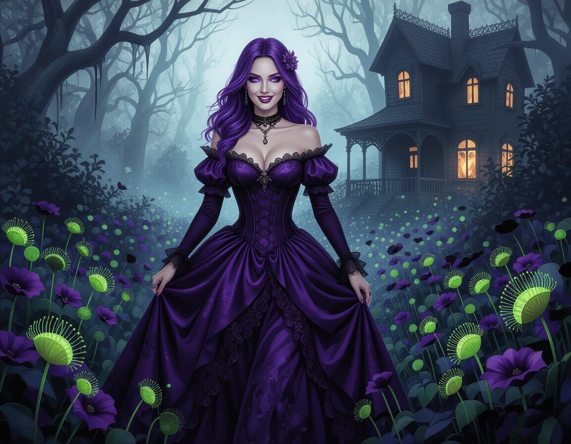 Gothic Woman in a Violet Garden