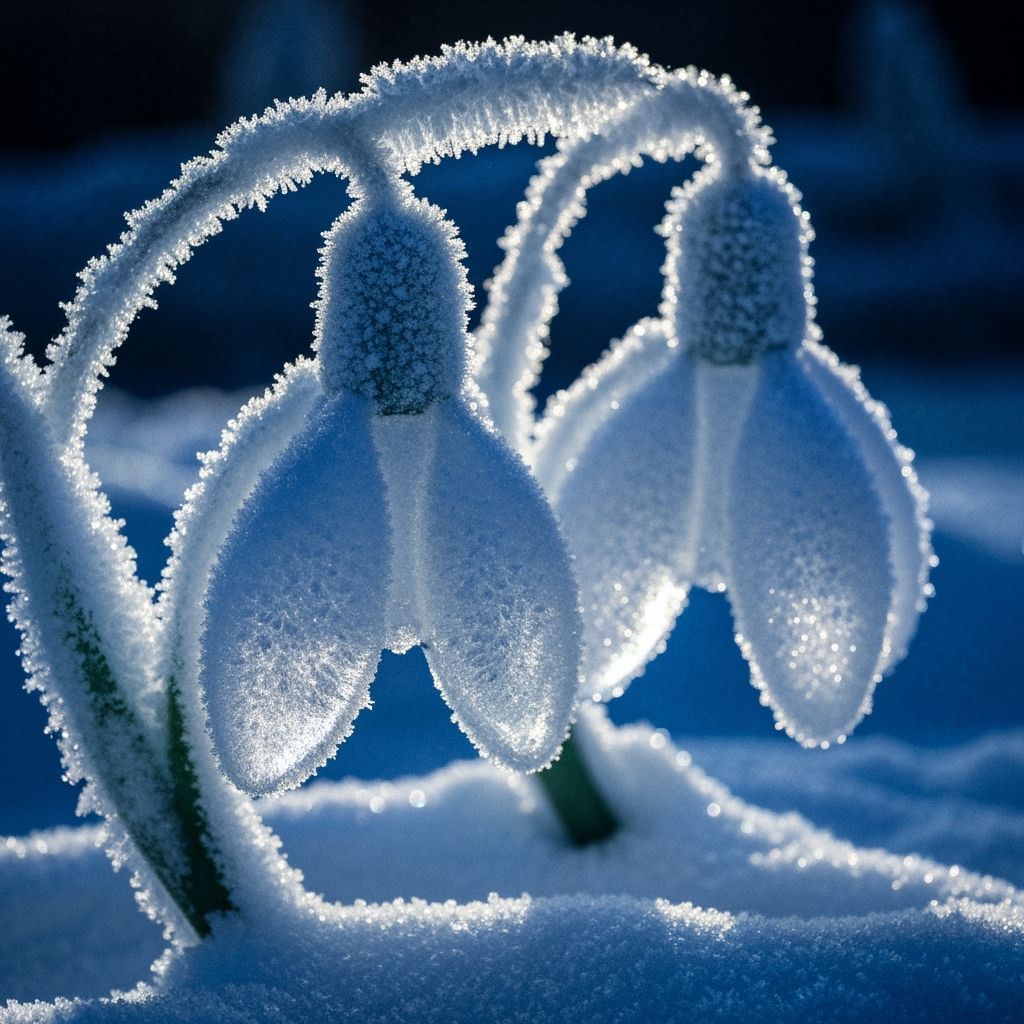 Ice Snowdrop Sculptures with Frost and Soft Light