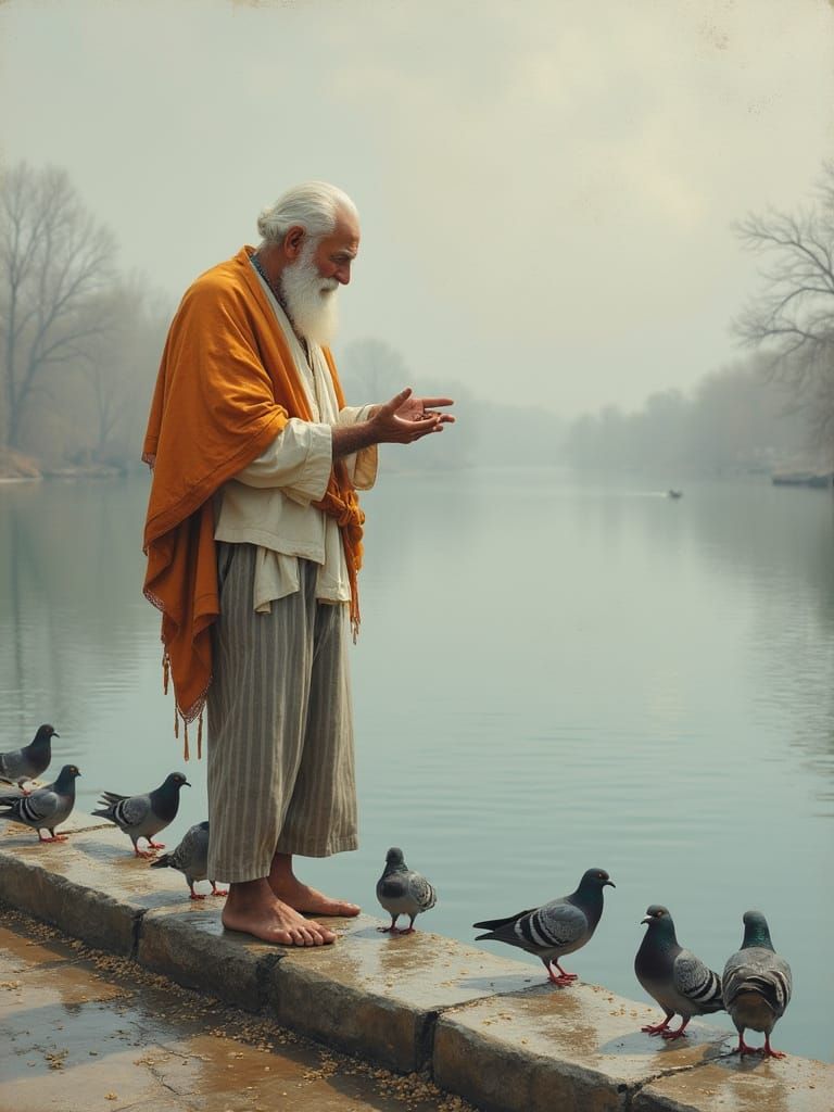 Elderly Man Scattering Birdseed by Lake: Impressionistic Sty...