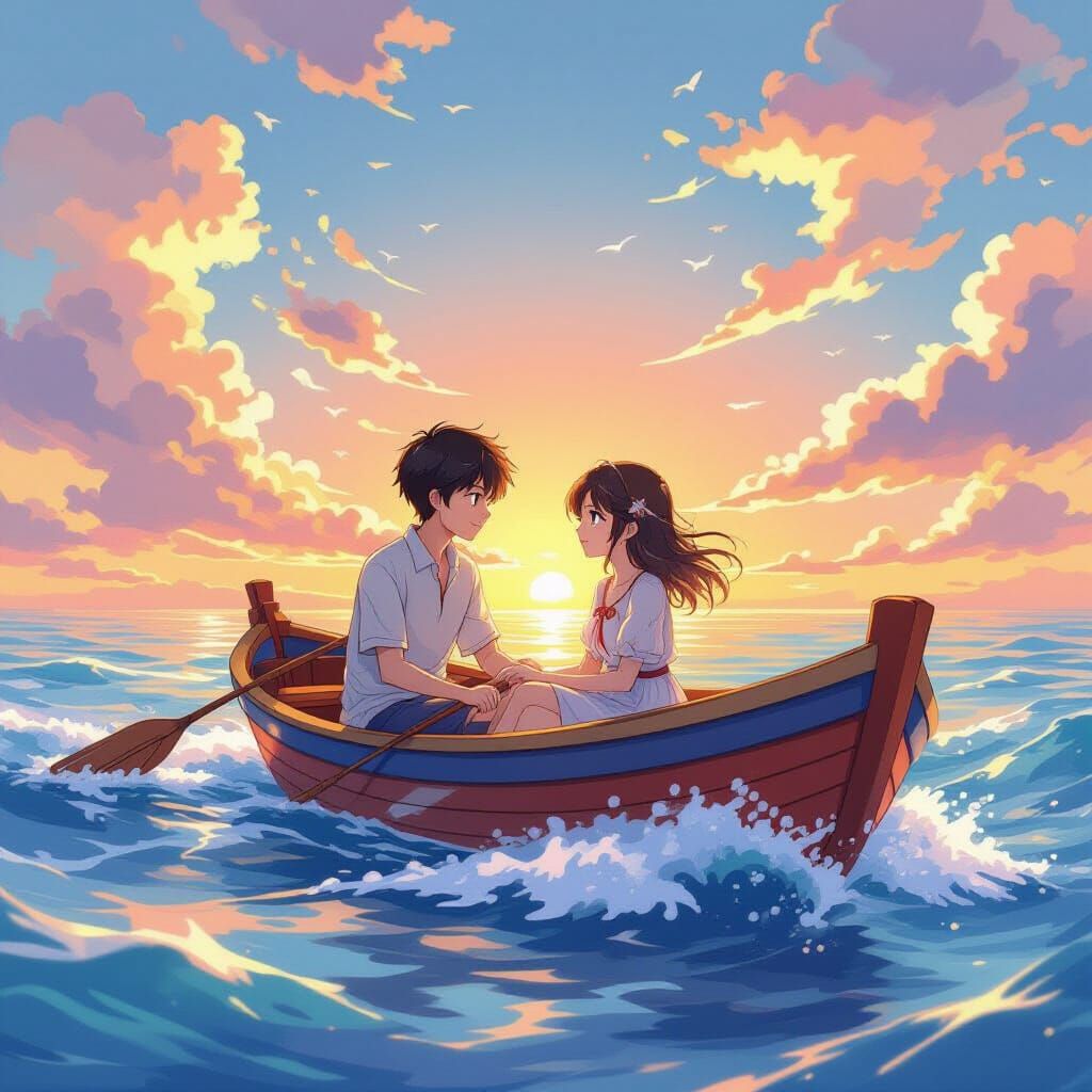 Anime-Style Sunrise Boat Ride on Vibrant Ocean