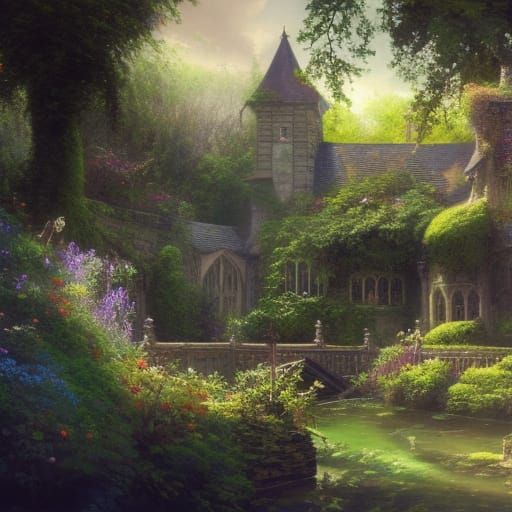 Victorian Flower Garden Cottage by River, Detailed Fantasy A...