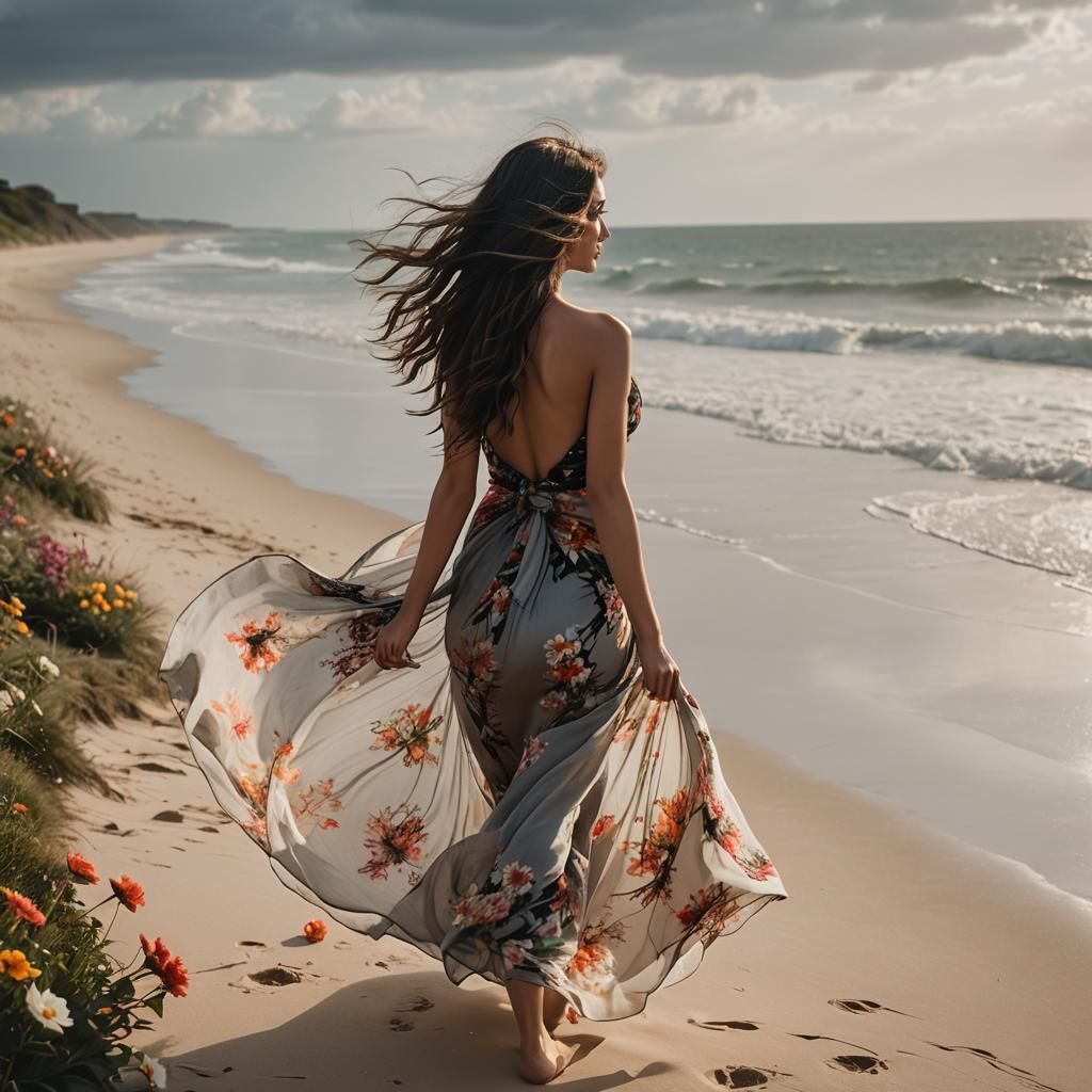 Woman on Beach with Flowing Dress, Analog Photography