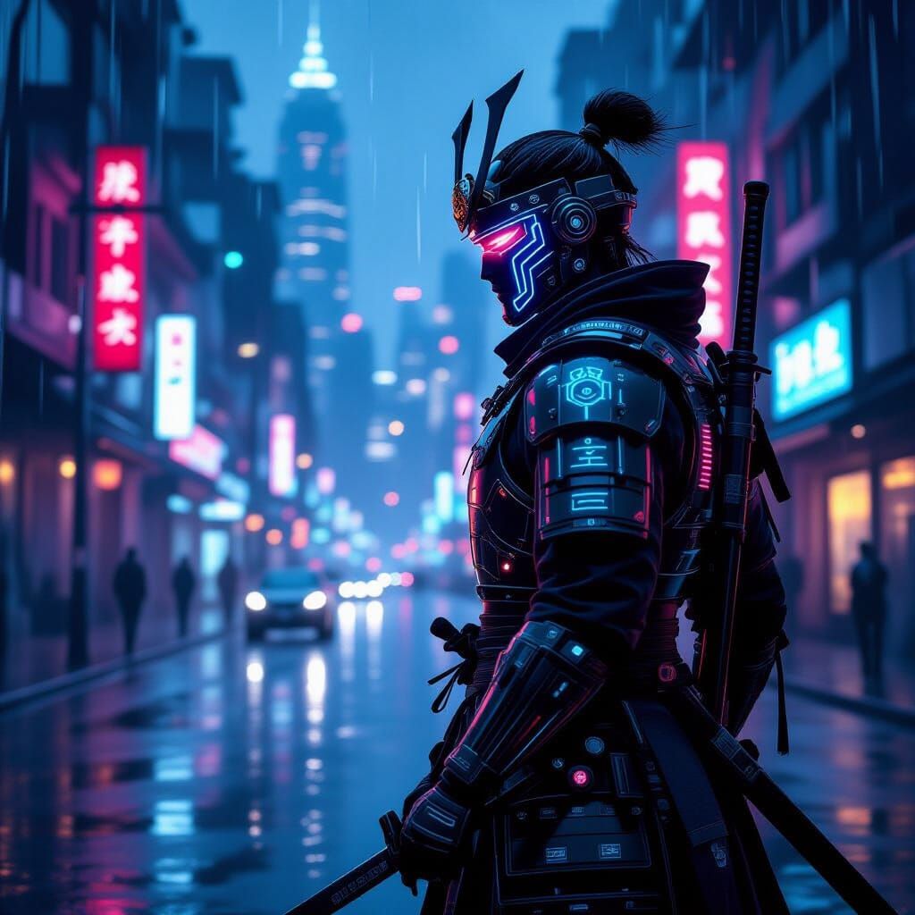 Ethereal Cyber Samurai in Neon Cityscape