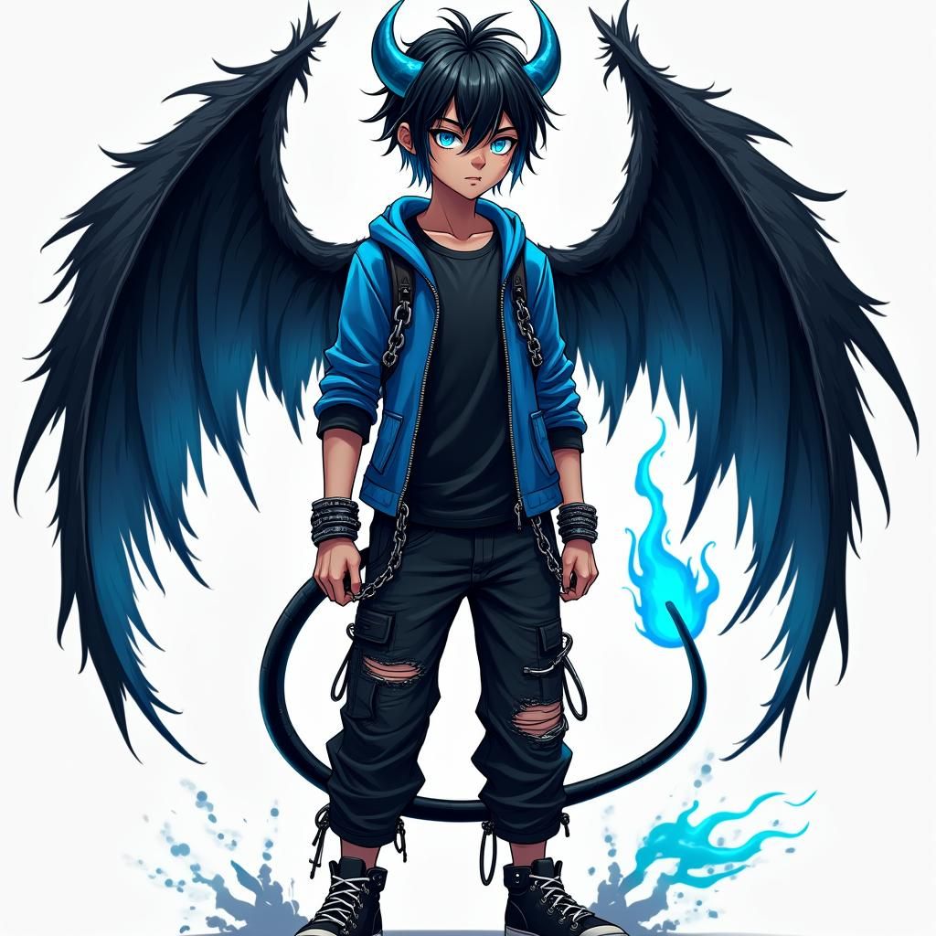 Teenage Demon Boy with Blue Accents in Screen Print Style