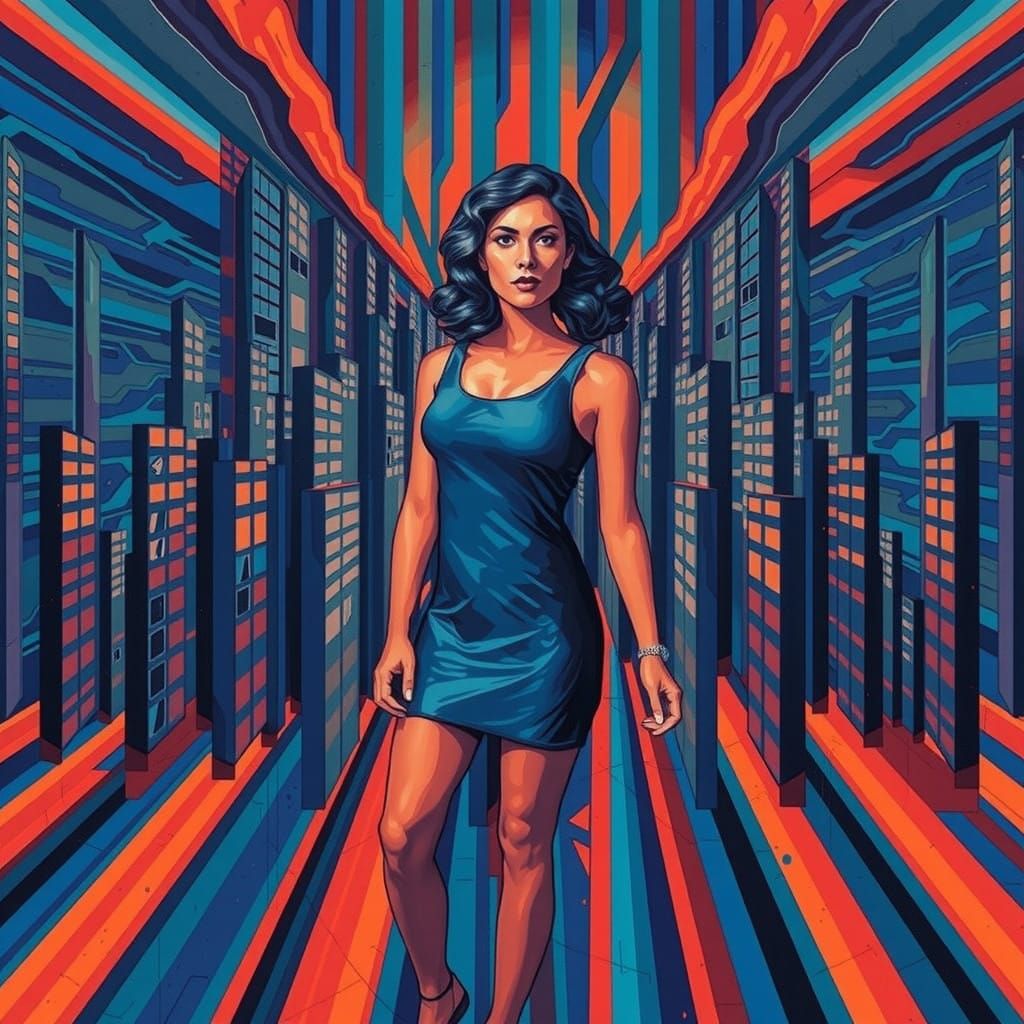 Cityscape of Shifting Geometries in Vibrant Neon