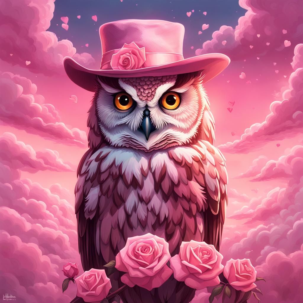A pink lovely female Owl wearing a pink fedora hat with a ro...