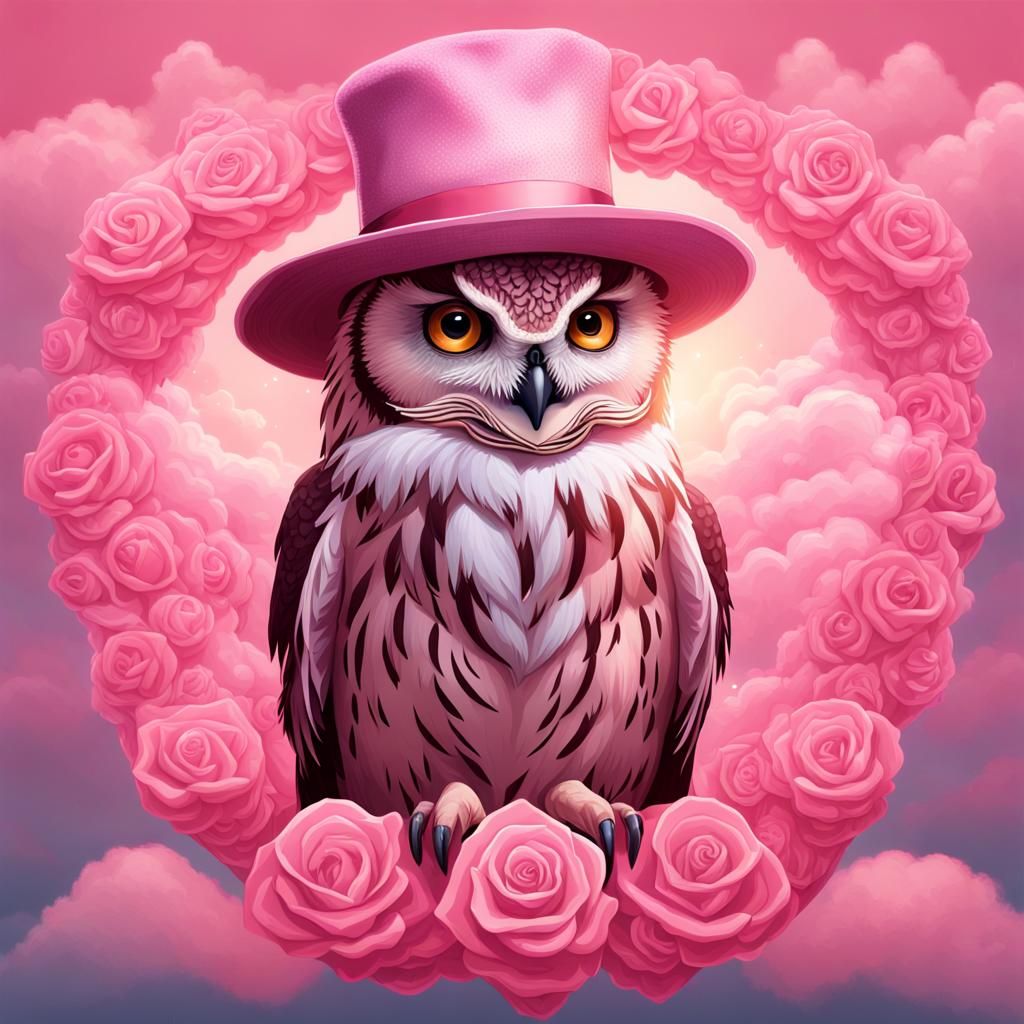 A pink lovely female Owl wearing a pink fedora hat with a ro...