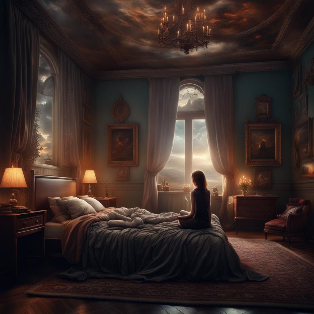 Girl Praying in Despair: Cinematic Digital Art