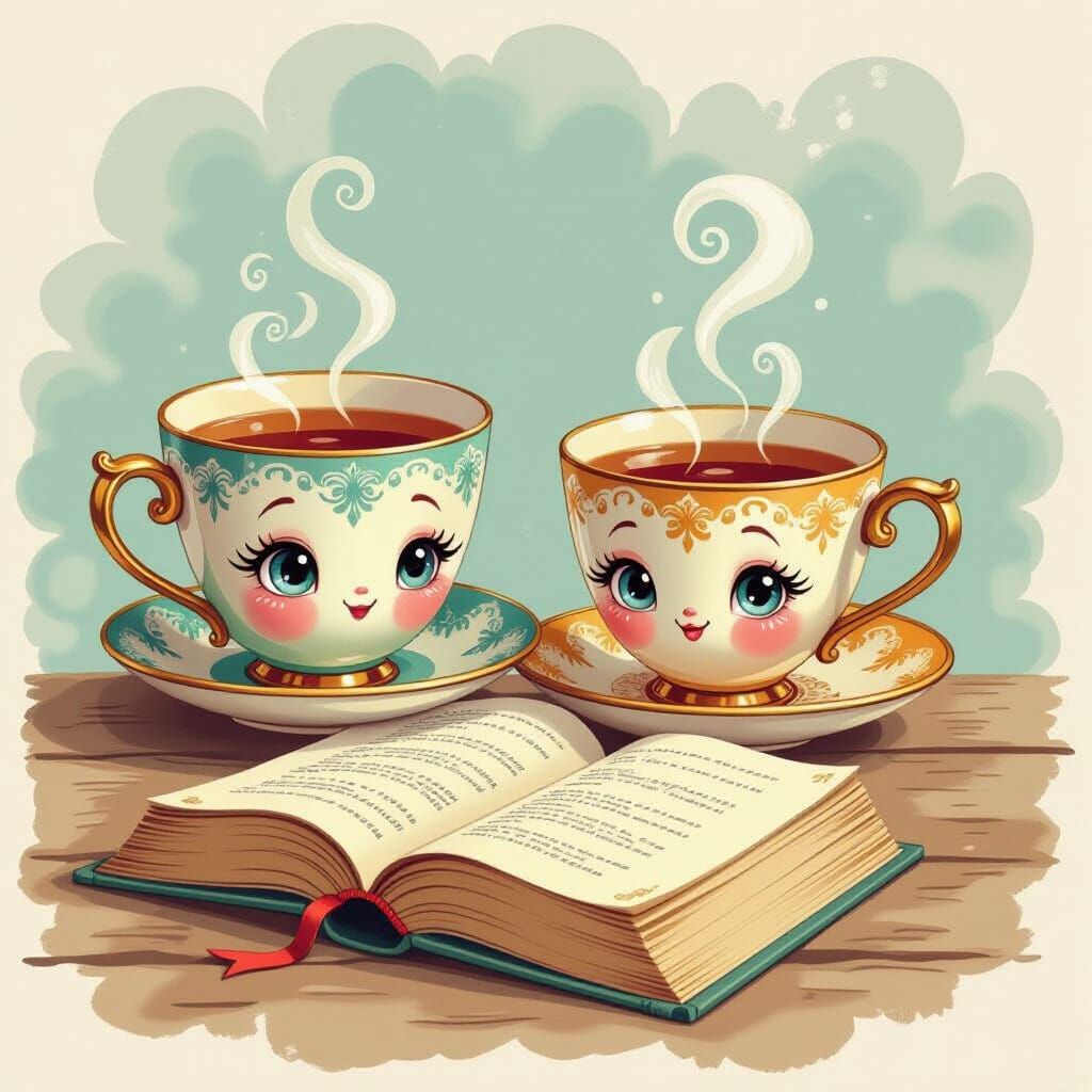 Dreamy Teacups With Faces Reading Books Fantasy Art