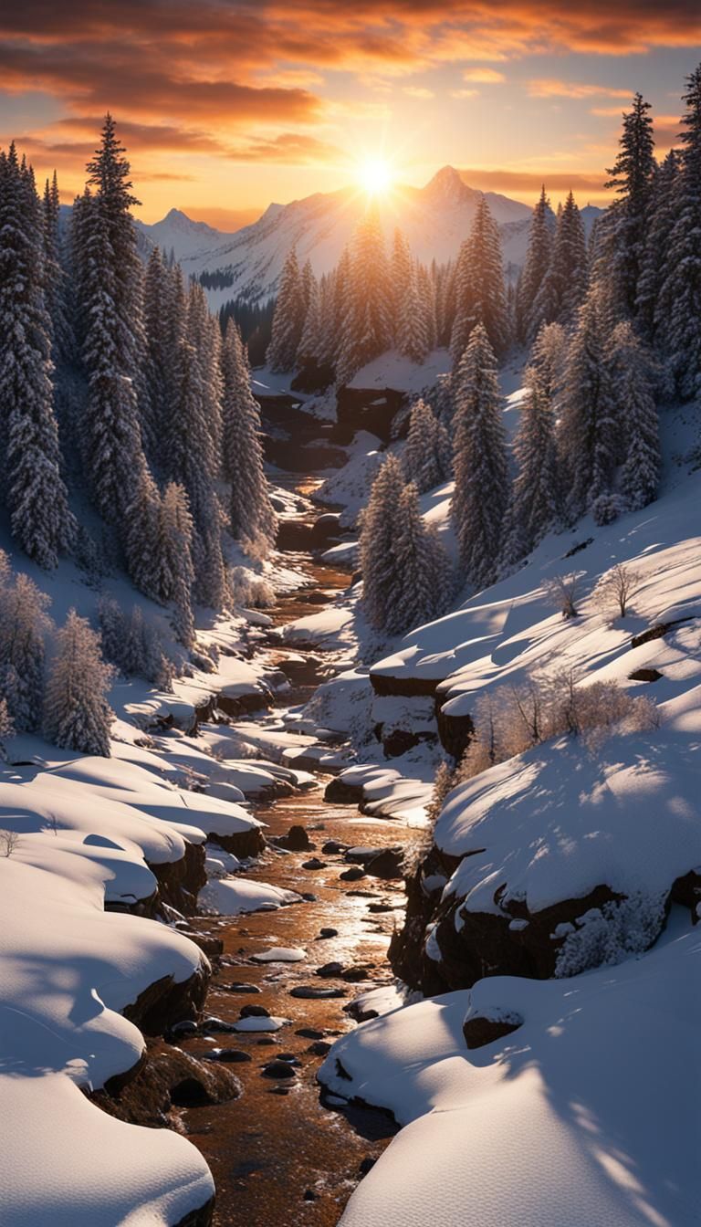 Sunset Mountain Landscape with Thawing Snow