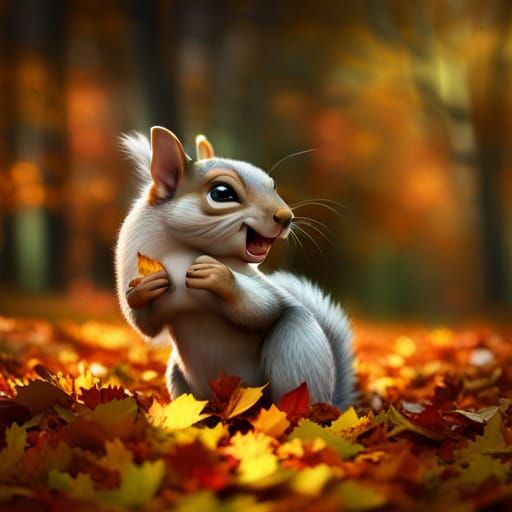 Laughing Squirrel in Autumn Leaves, Cell Shaded Style
