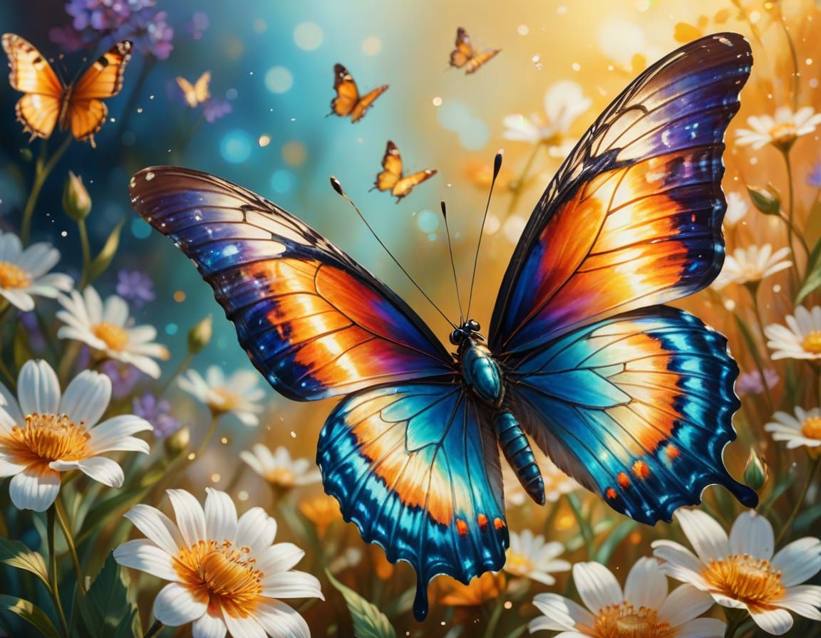 Mother of Pearl Butterfly in Vibrant Oil Painting