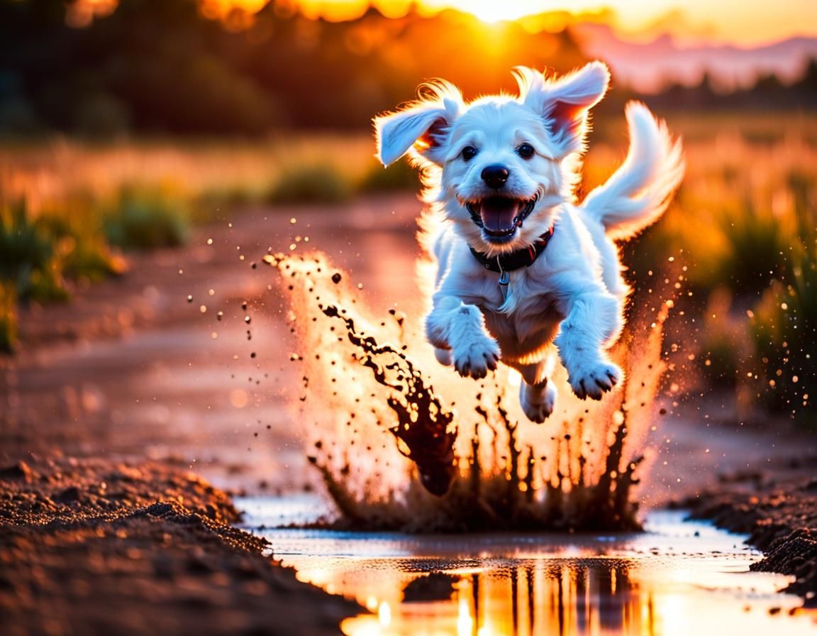 Happy Puppy Jumps in Mud at Sunset