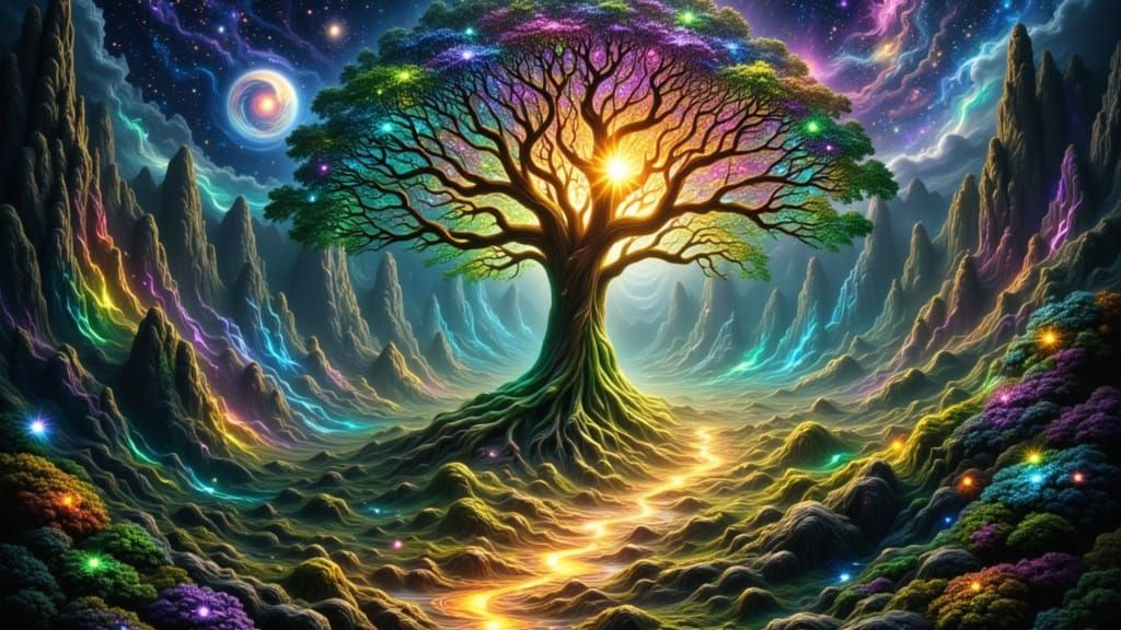 Rainbow Tree of Life in a Spiritual Forest