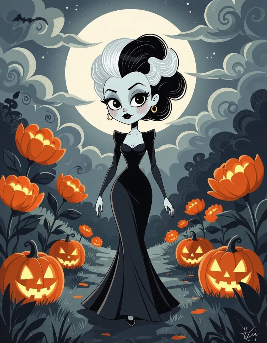 Bride of Frankenstein in Stylized Cartoon Moonlit Garden