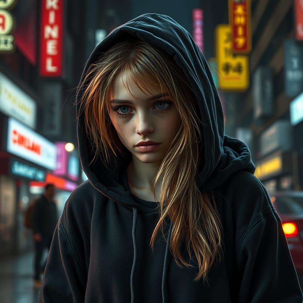 Scared Girl Hiding in Cyberpunk Cityscape
