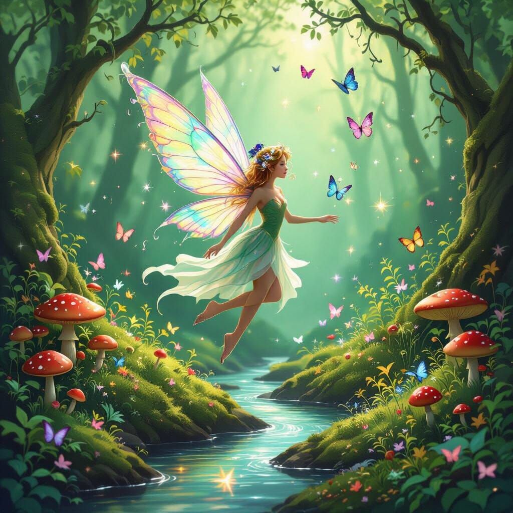 Ethereal Fairy Amidst Butterflies and Stars in Emerald Fores...