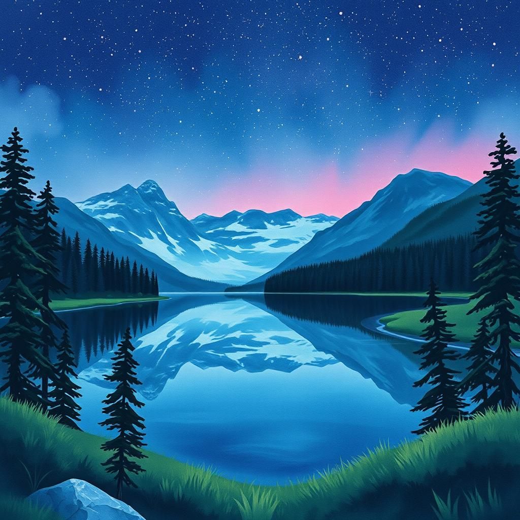 Tranquil Mountain Lake at Night: Watercolor Illustration