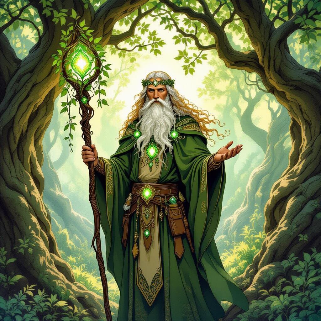 Celtic Druid in Ancient Grove with Art Nouveau Style