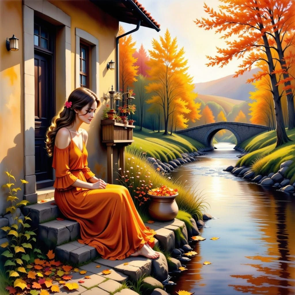 Woman with Autumn Leaves, Impasto Painting Style