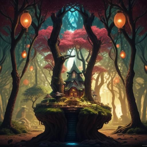 Enchanted Forest Urban Sketch with Fairy Village