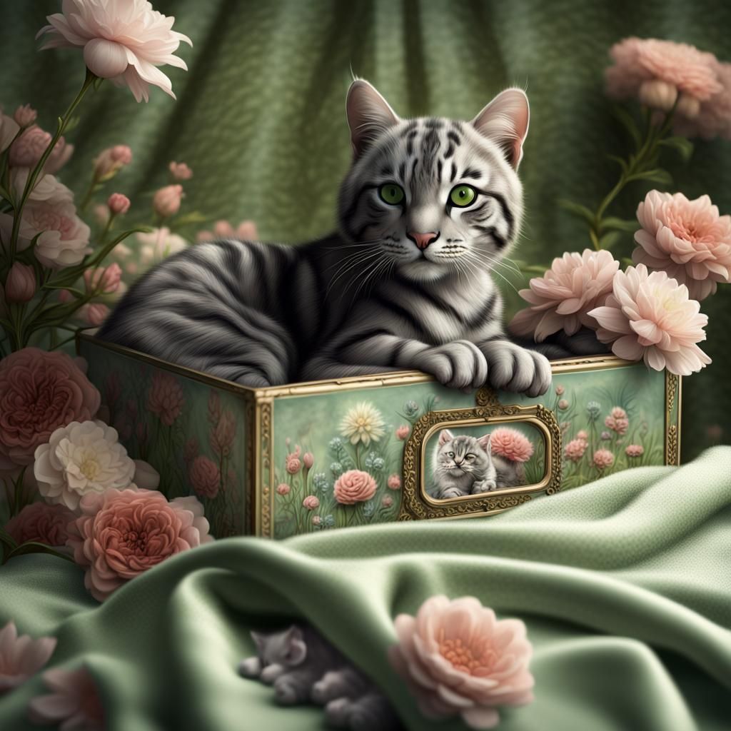 Gray Striped Cat with Kittens and Flowers