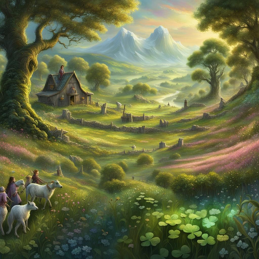 Pixies Farming Shamrock Meadow: A Pastel Fantasy