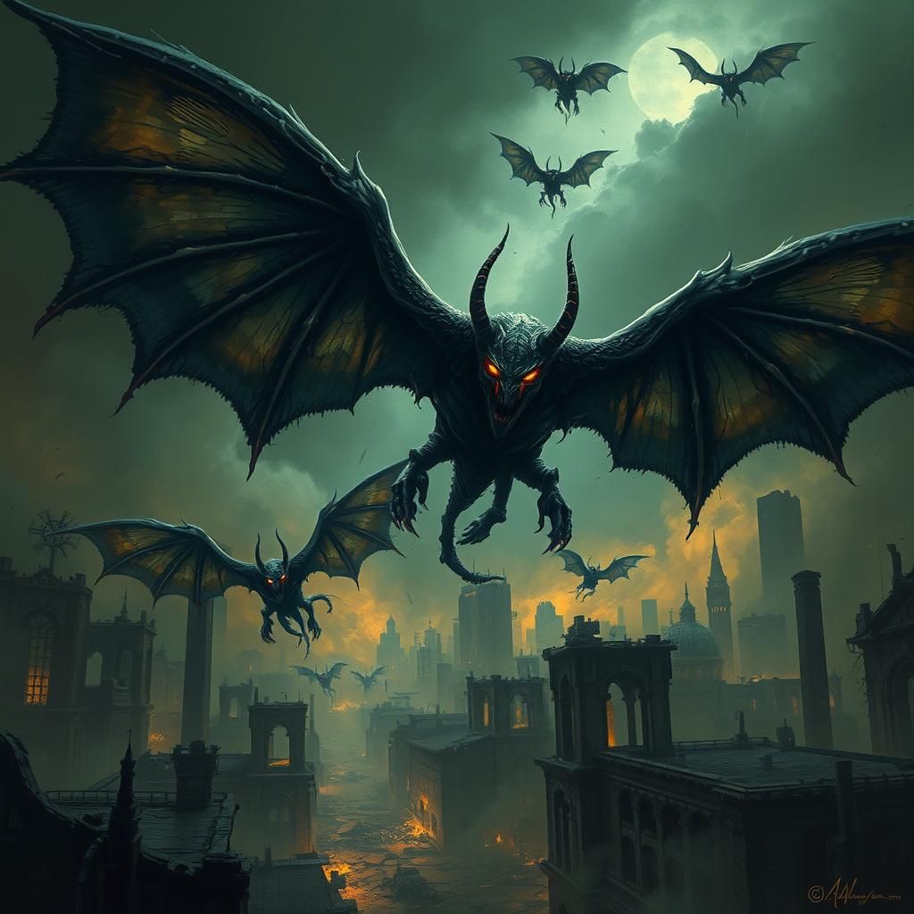 Demons Descend on Ruined Cityscape in Gothic Horror