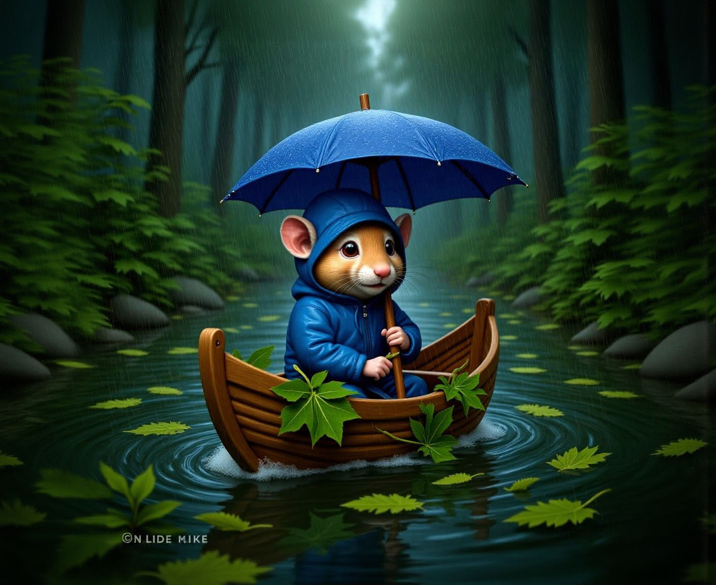 Mouse in Raincoat Sailing Leaf Boat