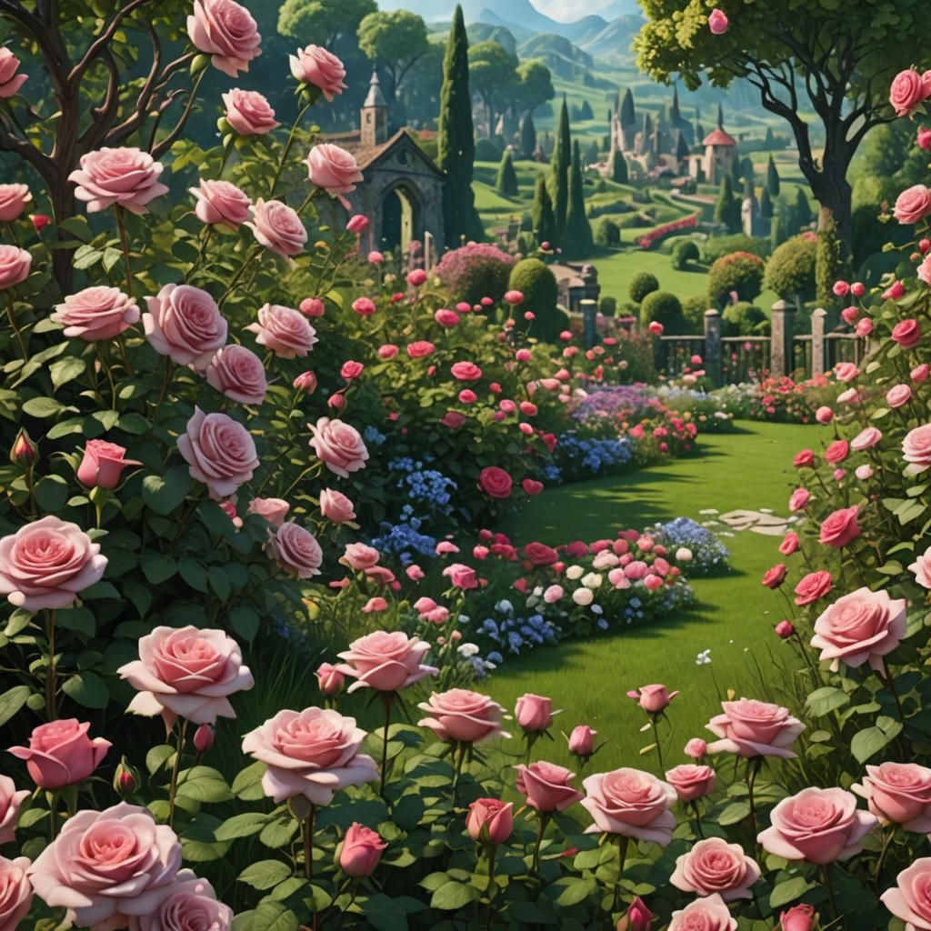 Beautiful Rose Garden in Detailed Matte Painting Style