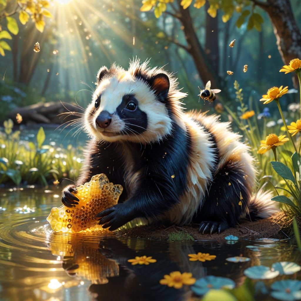 Surreal Naive Art Scene with Skunk and Bees