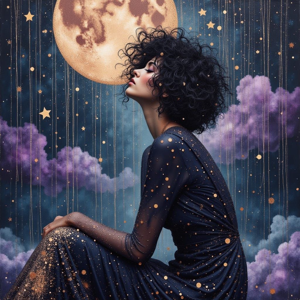 Woman Gazing at Bloody Moon, Digital Celestial Art