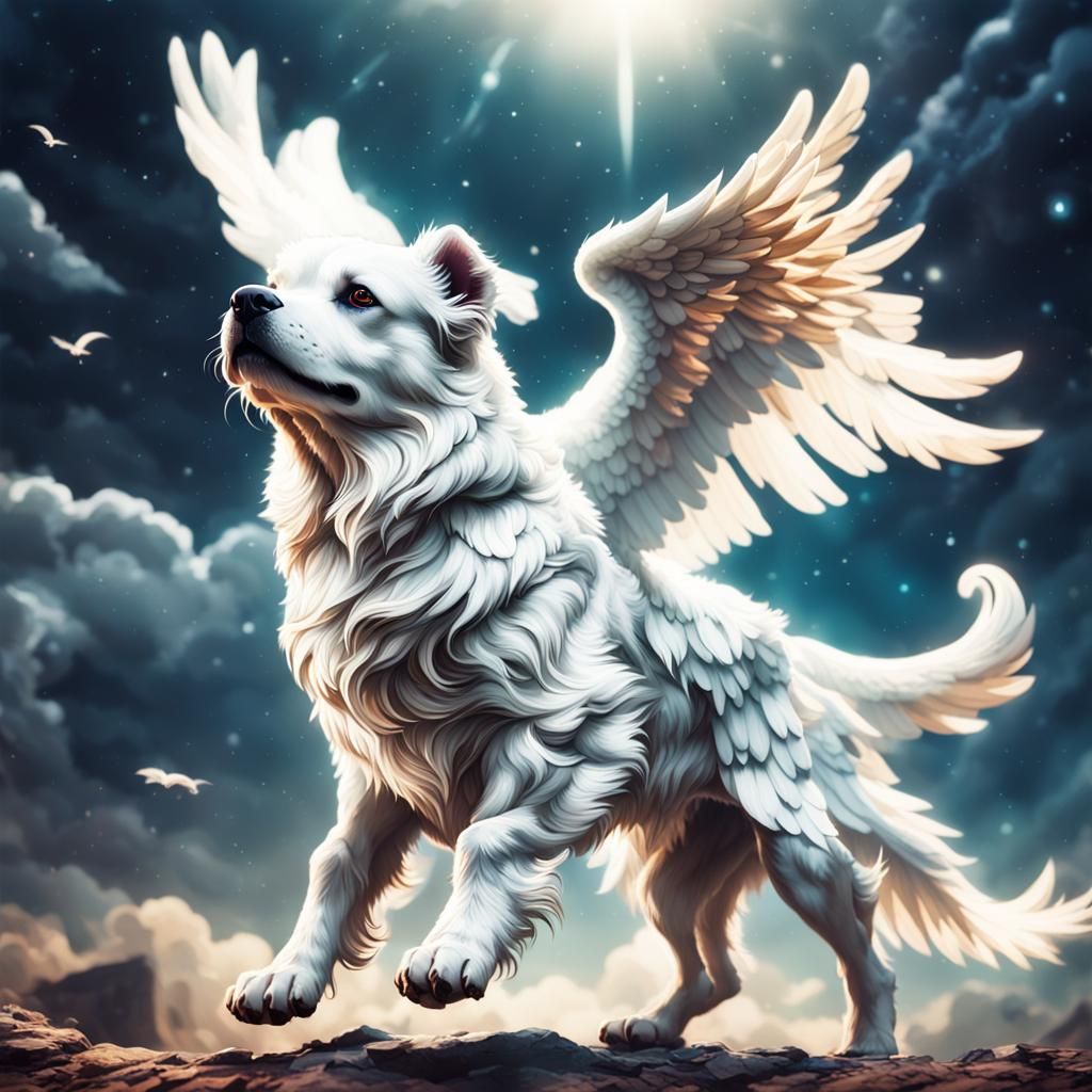 Celestial White Dog with Wings in Flight