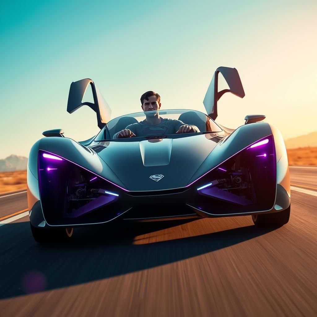 Superman Drives Futuristic Car with Purple Headlights