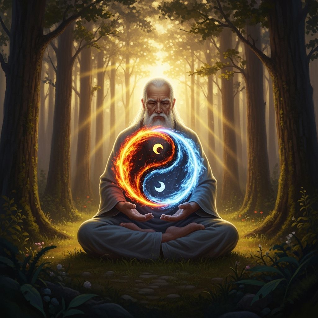 Wise Man Meditating with Fire and Ice Yin-Yang