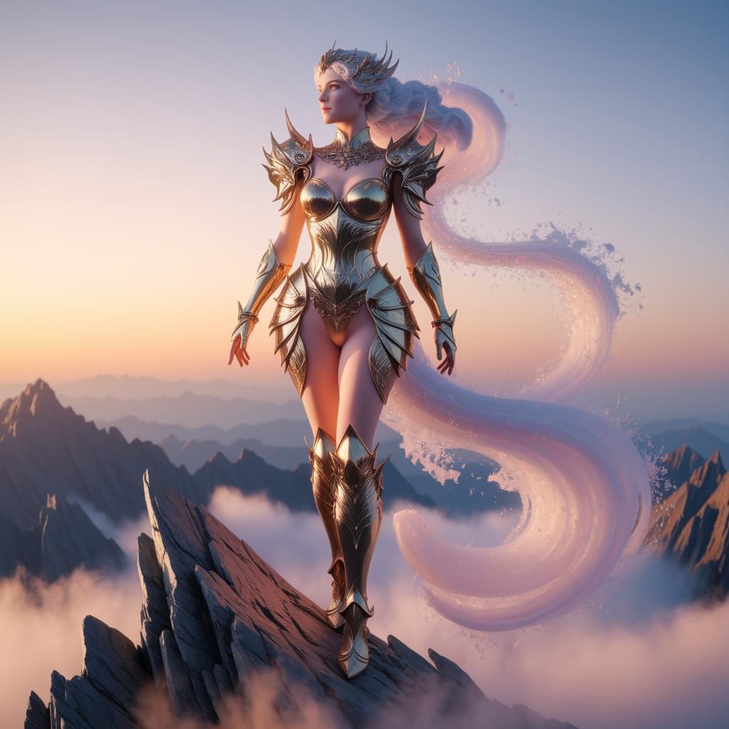 Regal Woman in Celestial Armor on Misty Peak at Dawn