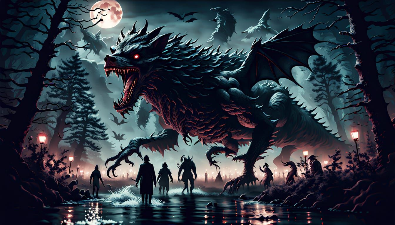Mythological Creatures Emerge in Dark Forest Under Blood Moo...