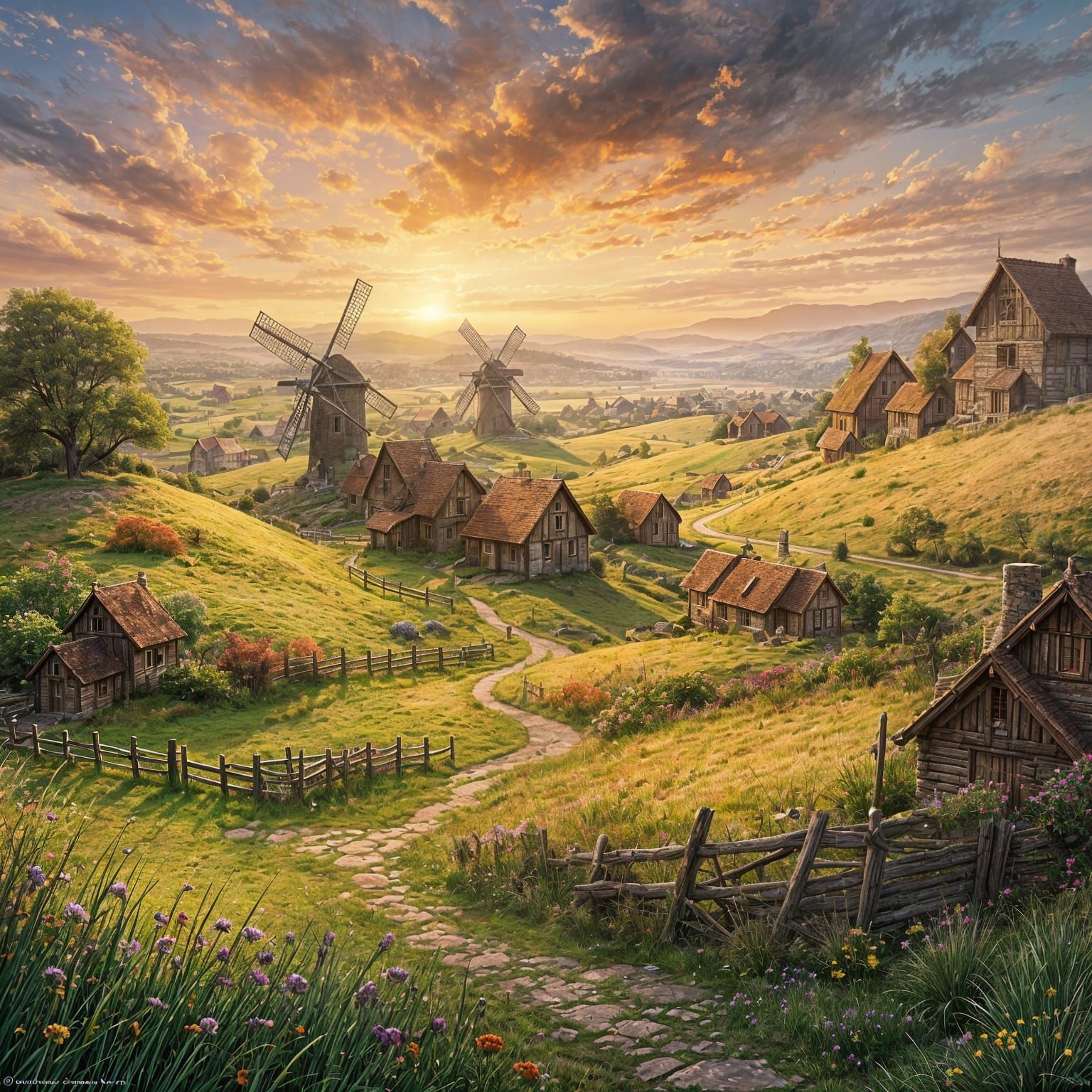 Windmills on Hill at Sunset: Fantasy Matte Painting