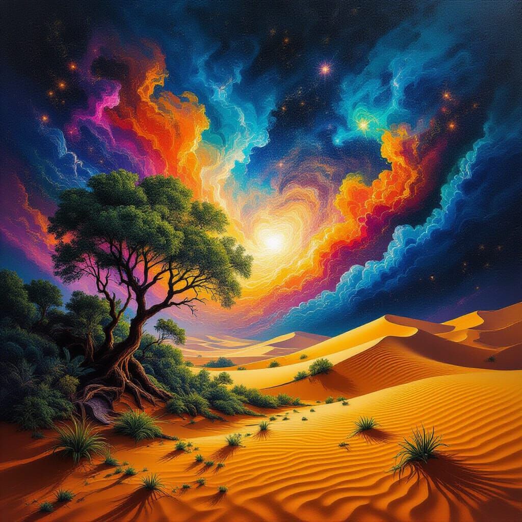 Surreal Cosmic Collision: Forest Meets Desert Landscape Pain...