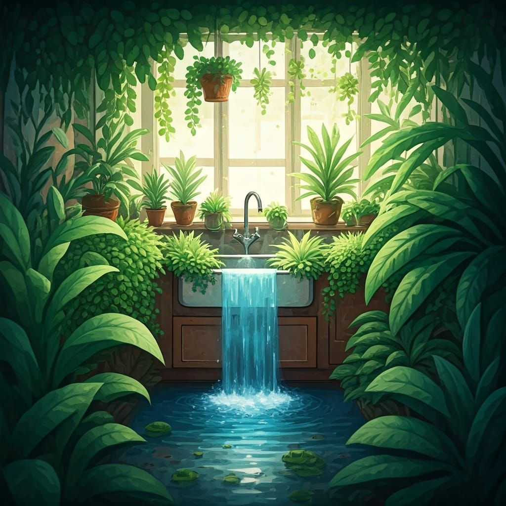 Whimsical Indoor Jungle Waterfall in Watercolor Style