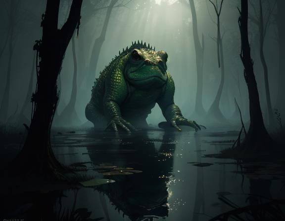Bullywug Portrait in Swamp, Dark Fantasy Concept Art