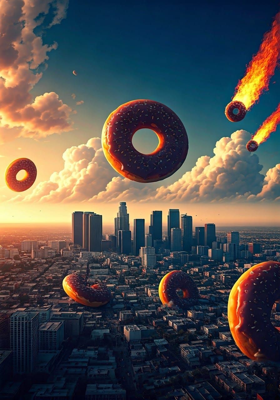 Giant Donuts Crash into Los Angeles: Surreal Pop Art