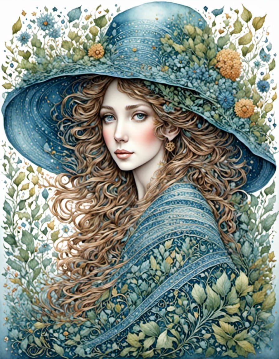Azure Maiden in Garden: Detailed Fantasy Portrait