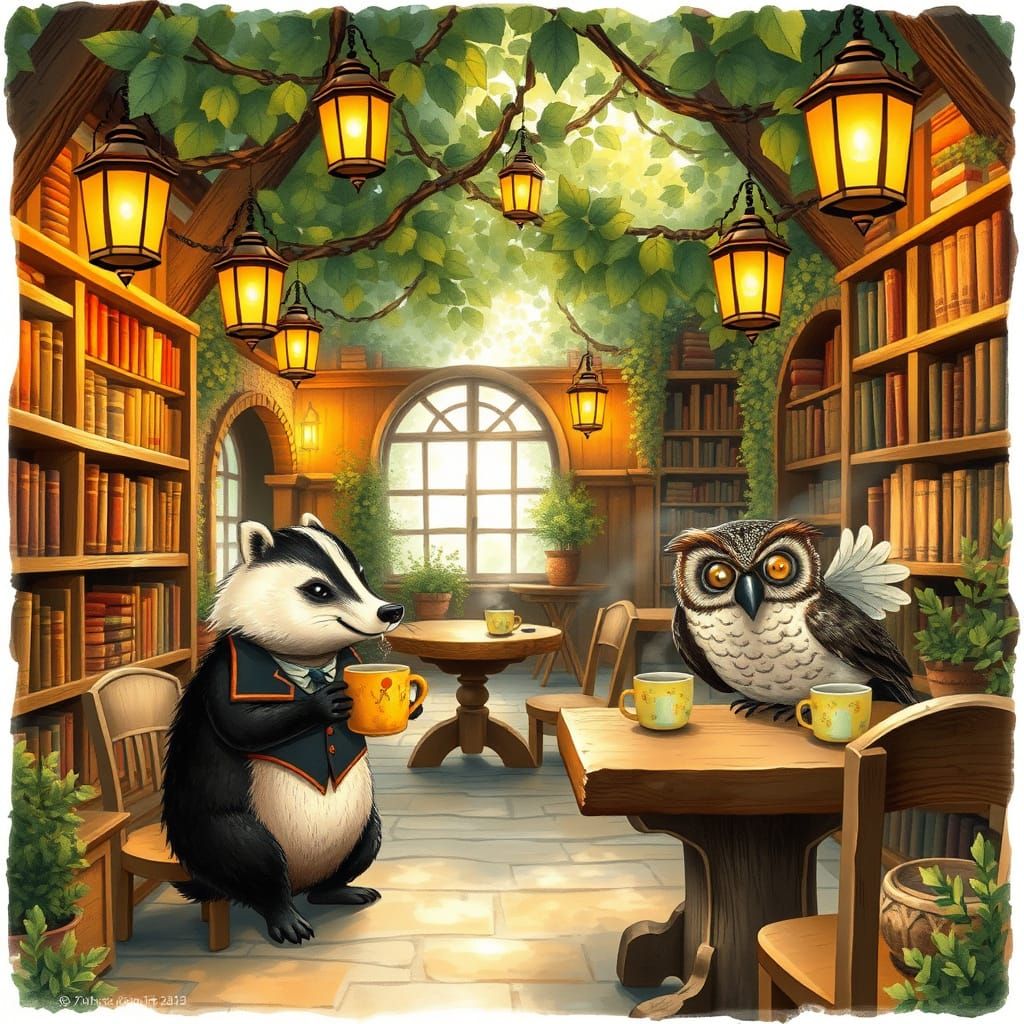 Enchanted Cafe with Talking Animals, Storybook Illustration