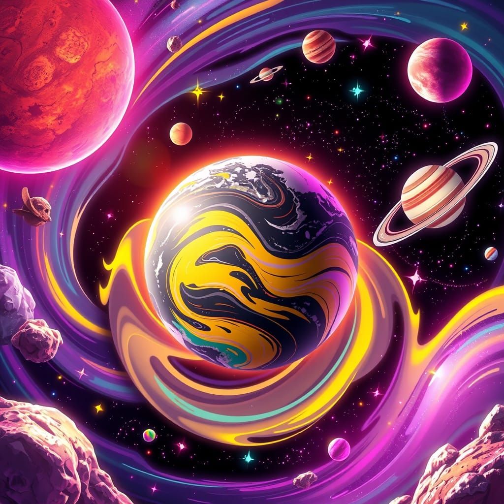 Whimsical Solar System Vortex in Vibrant Neon Colors